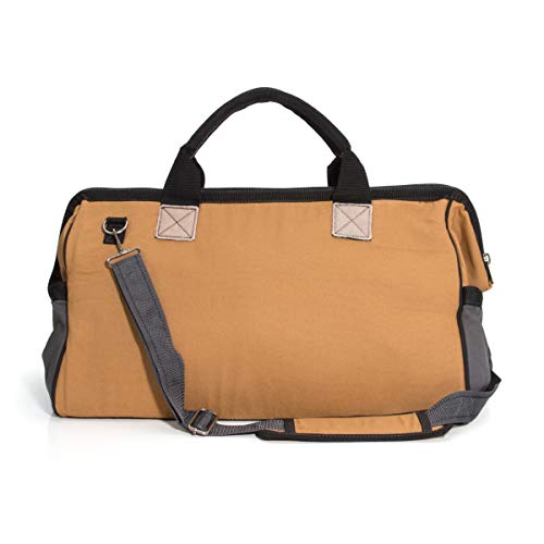 Dickies 20-Inch Durable Canvas Work Bag for Painters, Carpenters, and Builders, Heavy-Duty Zipper, Reinforced Handles, Exterior Pockets, Shoulder Strap, Tan/Grey - Image 2