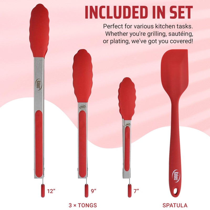 Kaluns Kitchen Tongs for Cooking Grilling Set of 4, BBQ Grill Tongs With Silicone Tip Stainless Steel Heat Resistant, Non-stick Pull Lock, Incl 7, 9, 12 Inch Tong Plus a Silicone Spatula - Image 2