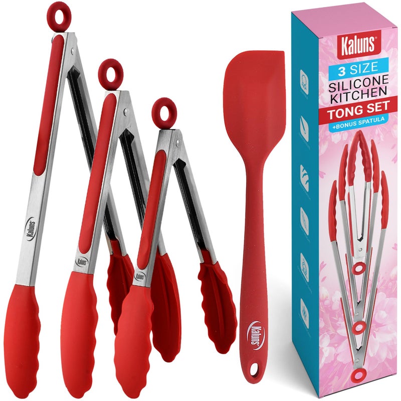 Kaluns Kitchen Tongs for Cooking Grilling Set of 4, BBQ Grill Tongs With Silicone Tip Stainless Steel Heat Resistant, Non-stick Pull Lock, Incl 7, 9, 12 Inch Tong Plus a Silicone Spatula - Image 1