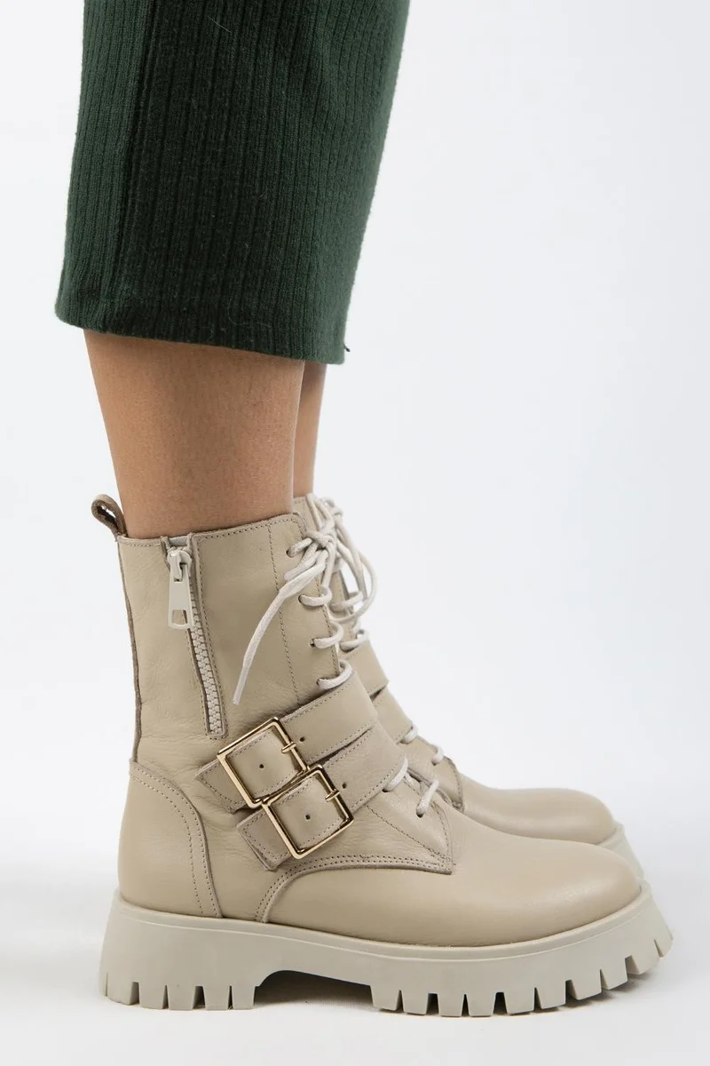 مانجيرو حذاء مانييرو هانا النسائي من الجلد الطبيعي، برباط وسحاب وإبزيم، لون بيج