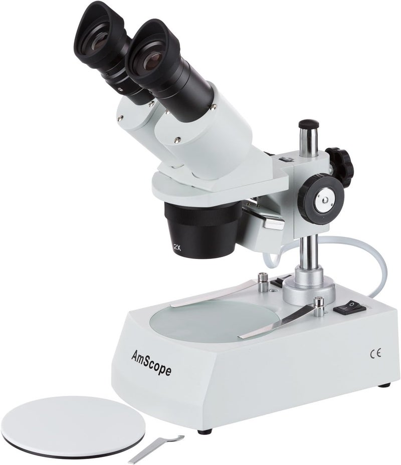 AmScope AmScope SE306RP20 ForwardMounted Binocular Stereo Microscope WF20x Eyepieces 40X and 80X Magnification 2X and 4X Objectives Upper and Lower Halogen Lighting Reversible BlackWhite Stage Plate Pillar Stand 120V  - Image 1