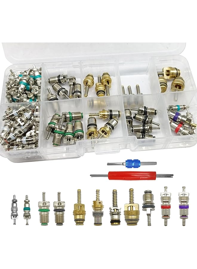 Generic 102Pcs Air Conditioning Valve Core Accessories Kit, A/C R12 R134A Refrigeration Tire Valve Stem With Double Head Dual Dismantling Remover Installer Tool Assortment Kit  - Image 1