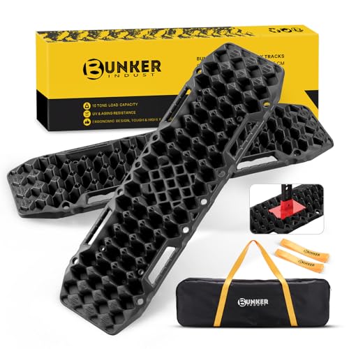 لوحات الجر BUNKER INDUST OffRoad مع قاعدة جاك زوج من مسارات الاسترداد 4X4 جيب شاحنة طوارئ حصيرة جر الإطارات مع حقيبة مسارات الرمل والطين والثلج وسادة الجر السوداء الجيل السابع
