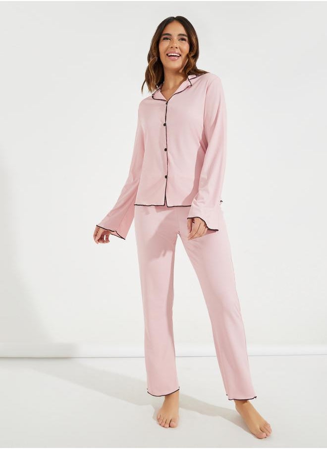 Take Two Contrast Binding Lettuce Trim Shirt & Pyjama Set  - Image 2