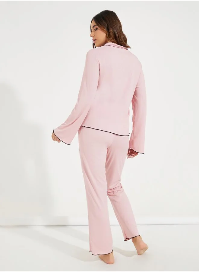 Styli Contrast Binding Lettuce Trim Shirt & Pyjama Set
