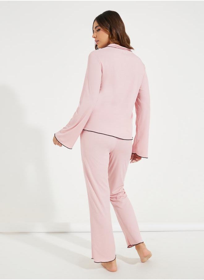 Take Two Contrast Binding Lettuce Trim Shirt & Pyjama Set  - Image 5