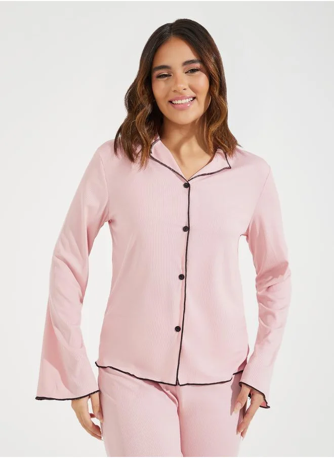 Styli Contrast Binding Lettuce Trim Shirt & Pyjama Set