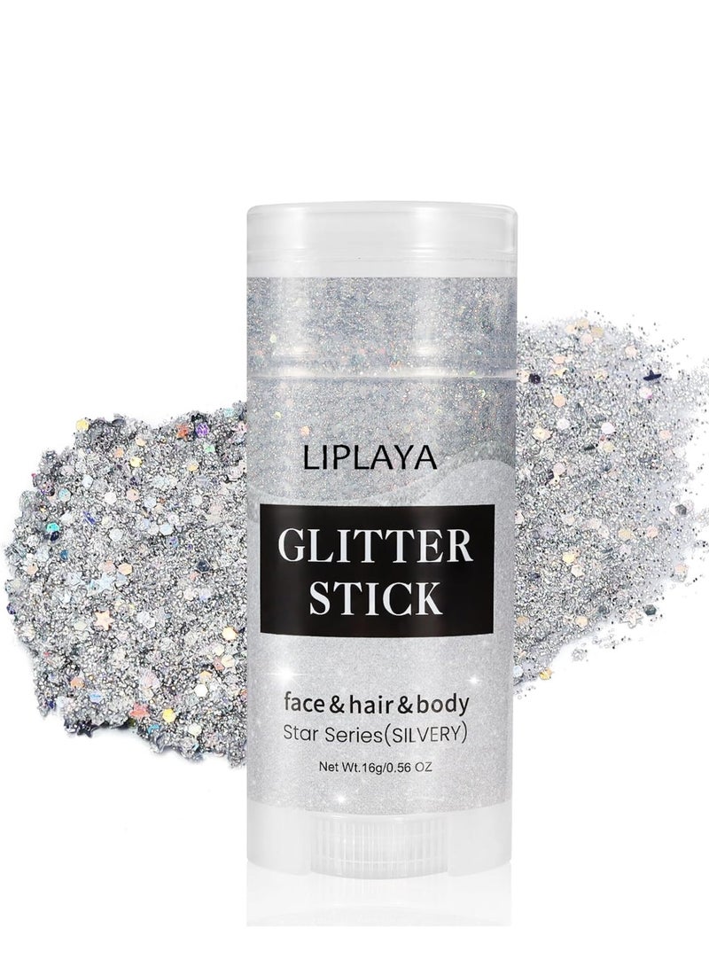 Silver Body Glitter Stick - Waterproof Face & Hair Glitter Gel for Festivals, Rave & Pride | Holographic Mermaid Chunky Glitter Makeup | Sparkling Sequin Face Paint for Women & Kids - Image 1