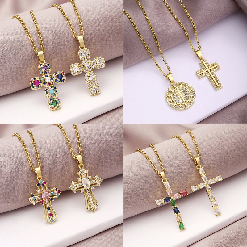 Fashion Crystal Zircon Cross Pendant Necklace Women'S All-Match Summer Stainless Steel Clavicle Chain Trendy Jewelry - Image 2