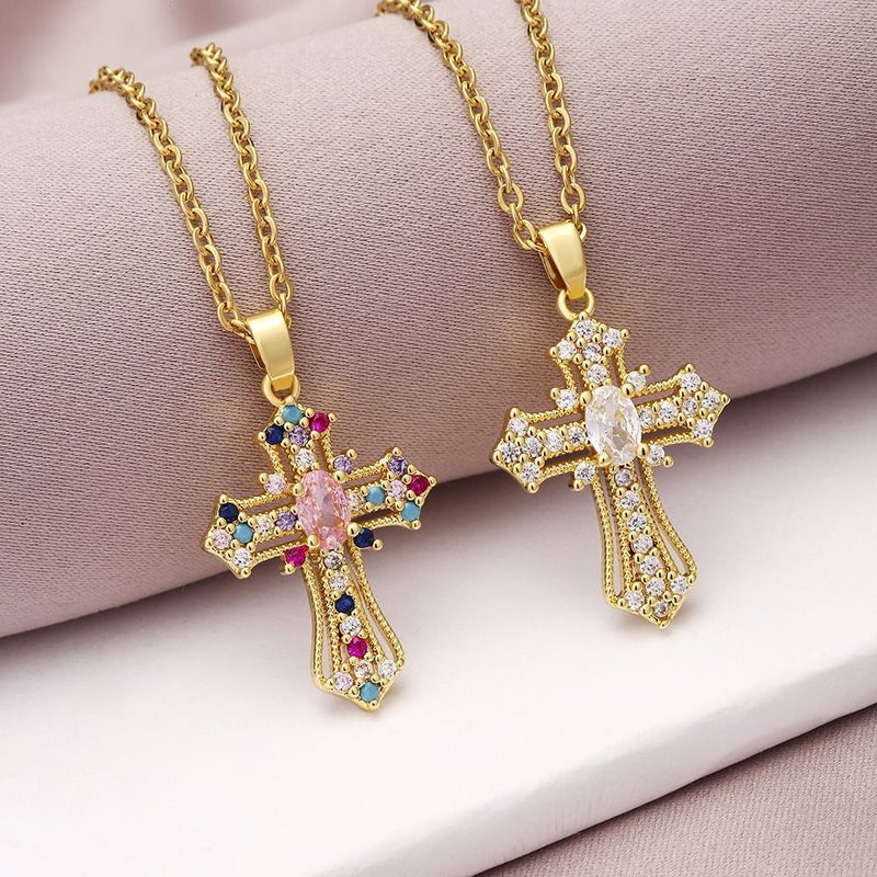 Fashion Crystal Zircon Cross Pendant Necklace Women'S All-Match Summer Stainless Steel Clavicle Chain Trendy Jewelry - Image 3