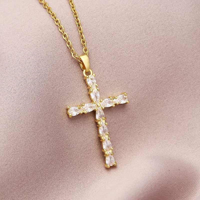 Fashion Crystal Zircon Cross Pendant Necklace Women'S All-Match Summer Stainless Steel Clavicle Chain Trendy Jewelry - Image 1