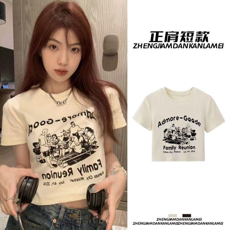 Threaded Shoulder Short-sleeved T-shirt Women's Short Slim-fit Summer New American Style Retro Printed Spice Girls All-match Top Ins - Image 2