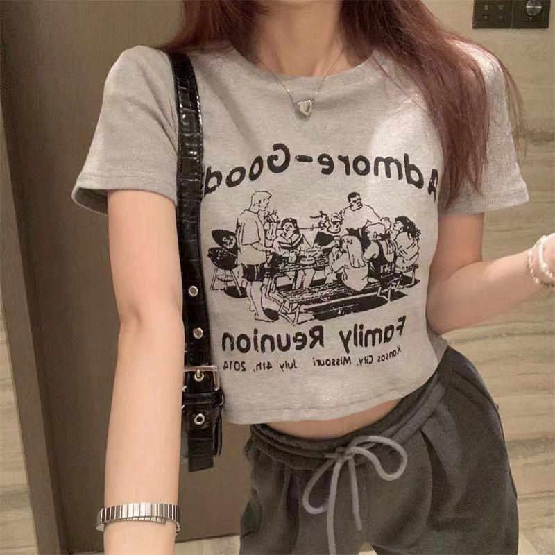Threaded Shoulder Short-sleeved T-shirt Women's Short Slim-fit Summer New American Style Retro Printed Spice Girls All-match Top Ins - Image 5