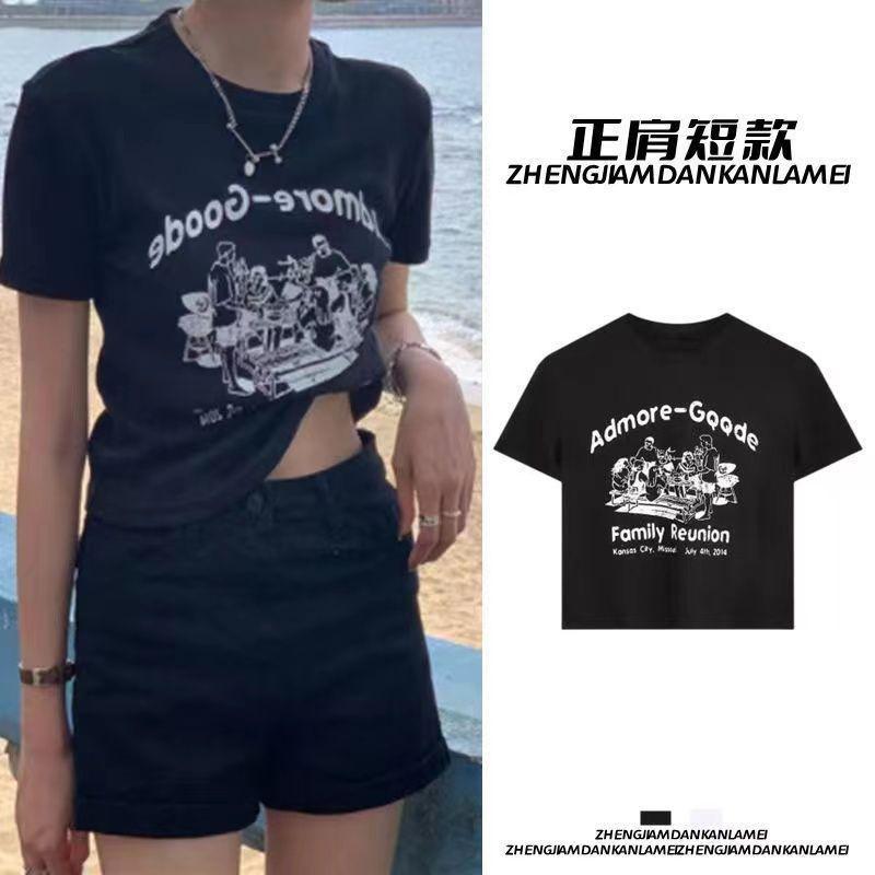 Threaded Shoulder Short-sleeved T-shirt Women's Short Slim-fit Summer New American Style Retro Printed Spice Girls All-match Top Ins - Image 4