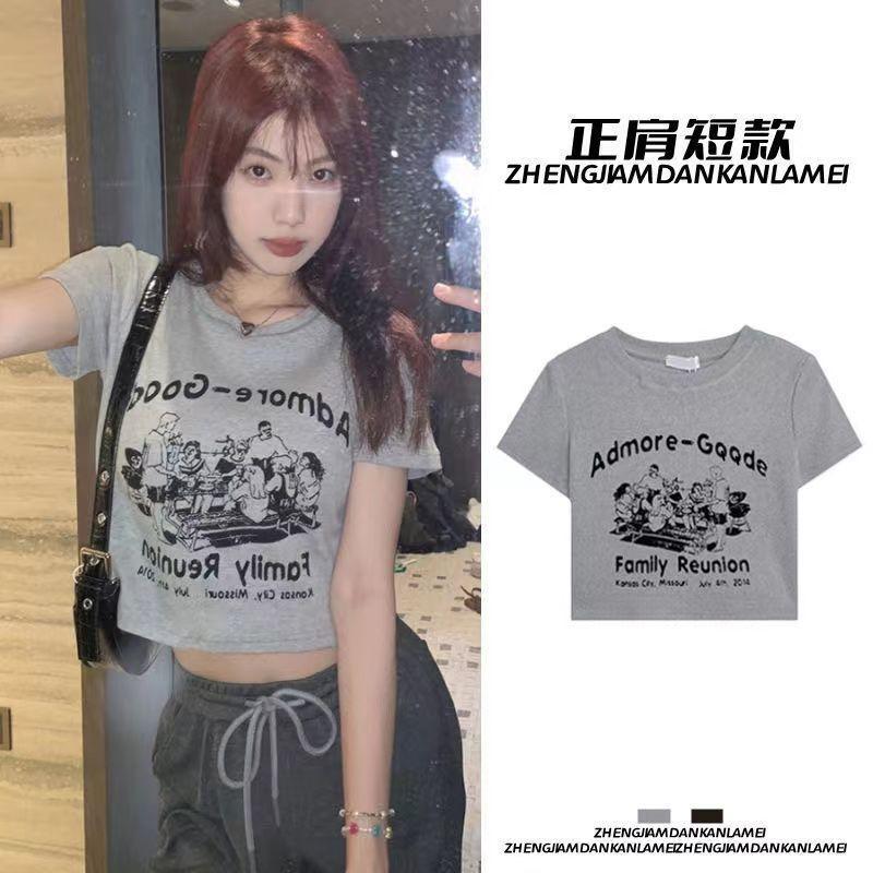 Threaded Shoulder Short-sleeved T-shirt Women's Short Slim-fit Summer New American Style Retro Printed Spice Girls All-match Top Ins - Image 3