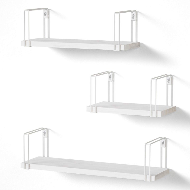 SRIWATANA Rustic Floating Shelves Decorative Wood Wall Shelves Set of 3 Wall Mounted Storage Shelves for Bedroom Living Room Kitchen Bathroom Office and More White