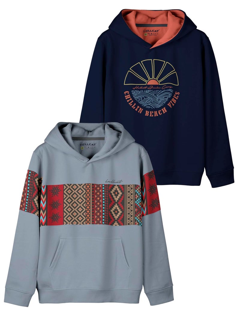 HELLCAT Printed Cotton Blend Hoodie Sweatshirt for Boys - Pack of 2 Bluish Grey/Navy Blue 9-10 Years - Image 1