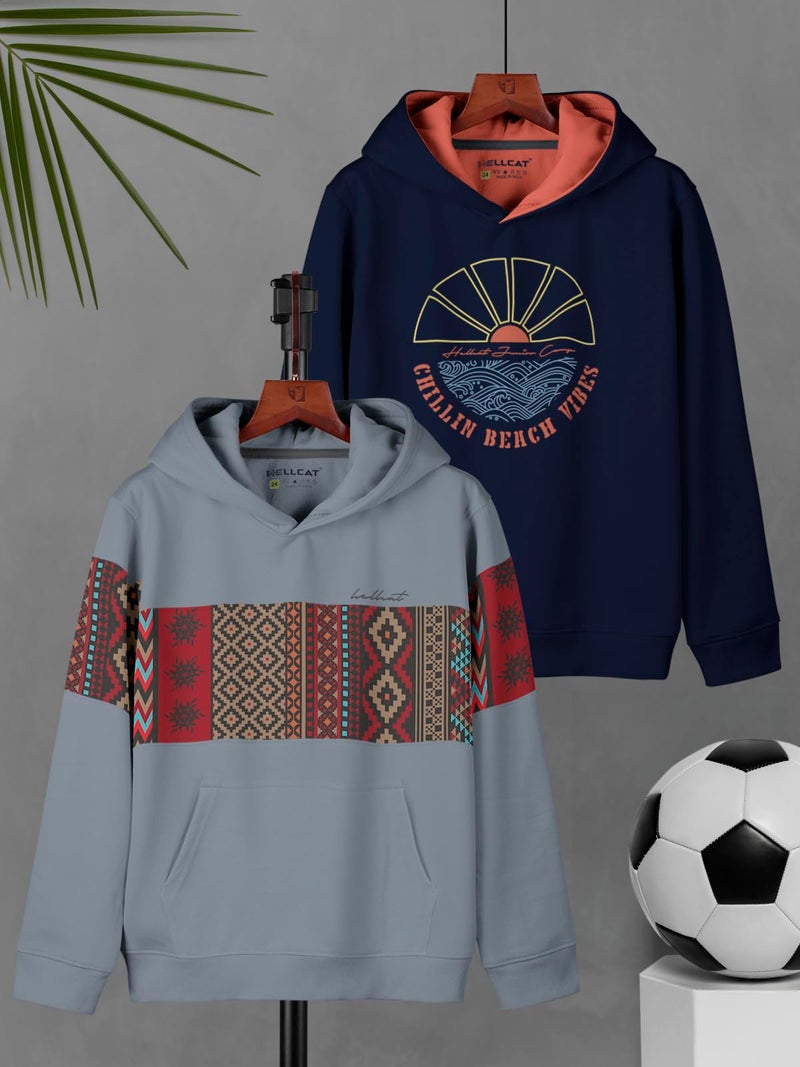 HELLCAT Printed Cotton Blend Hoodie Sweatshirt for Boys - Pack of 2 Bluish Grey/Navy Blue 9-10 Years - Image 2