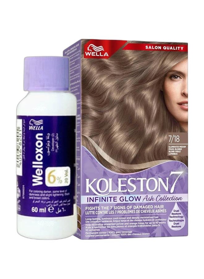 WELLA Medium Pearl Blonde Hair Color Kit - Supreme Infinite Glow Ash 7/18 & Welloxon 6% Developer Bundle  - Image 1