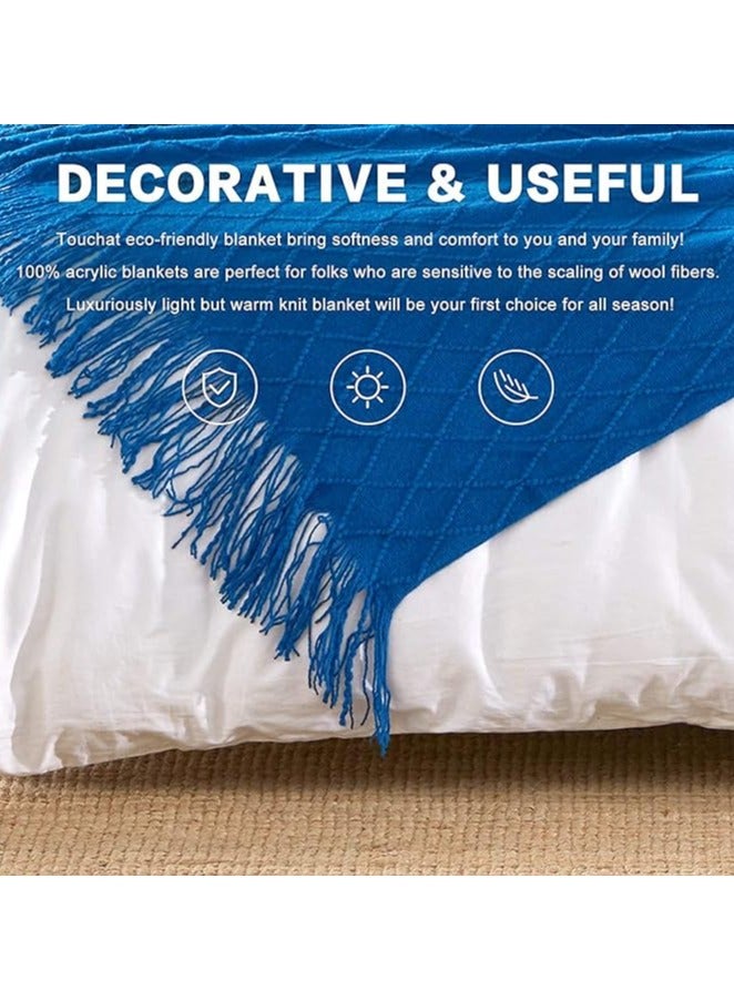 general Arabest Knitted Throw Blankets, Cozy Lightweight Decorative Throw, Warm Woven Blanket with Tassels for Couch Sofa, Bed and Living Room, All Seasons for Women, Men and Kids (130x220cm, Blue) - Image 4