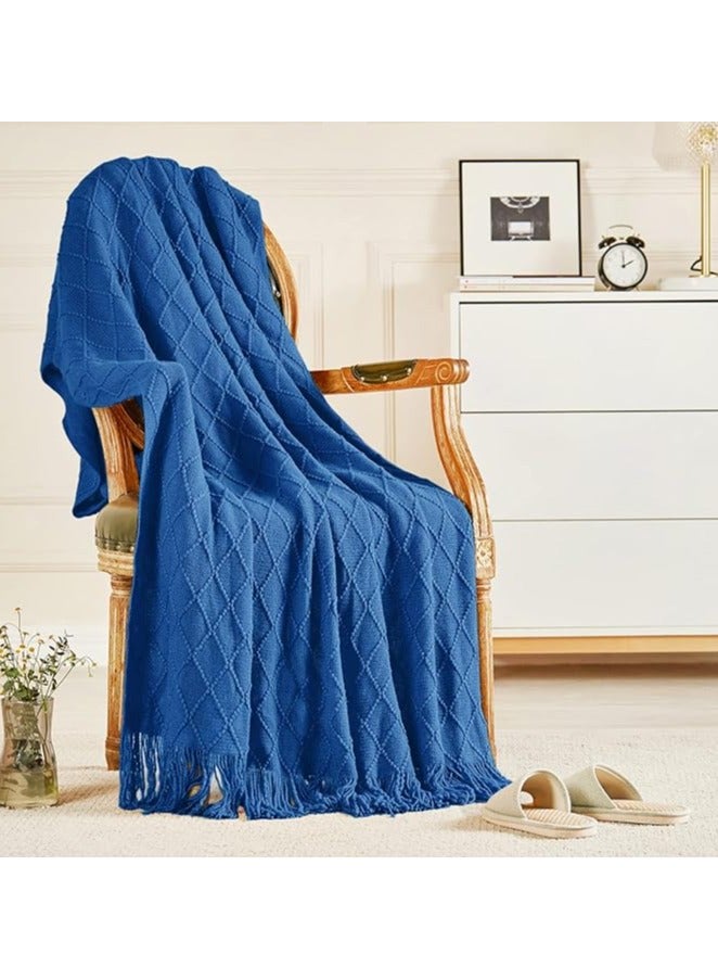 general Arabest Knitted Throw Blankets, Cozy Lightweight Decorative Throw, Warm Woven Blanket with Tassels for Couch Sofa, Bed and Living Room, All Seasons for Women, Men and Kids (130x220cm, Blue) - Image 1
