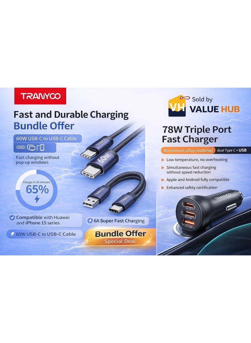 ترانيوو عرض حزمة الشحن السريع من TRANYOO – شاحن سيارة 78 واط بثلاثة منافذ + كابل USB-C بقدرة 60 واط + كابل USB-A إلى USB-C مجدول - Image 1