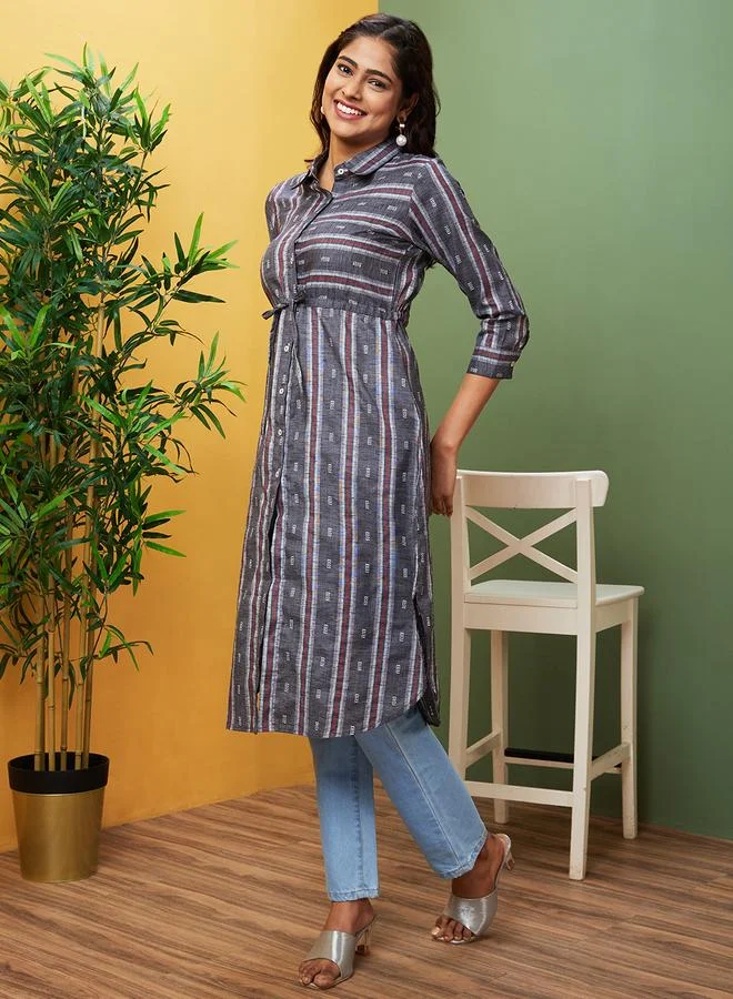 globus Globus Women Black Shirt Collar Regular Kurta