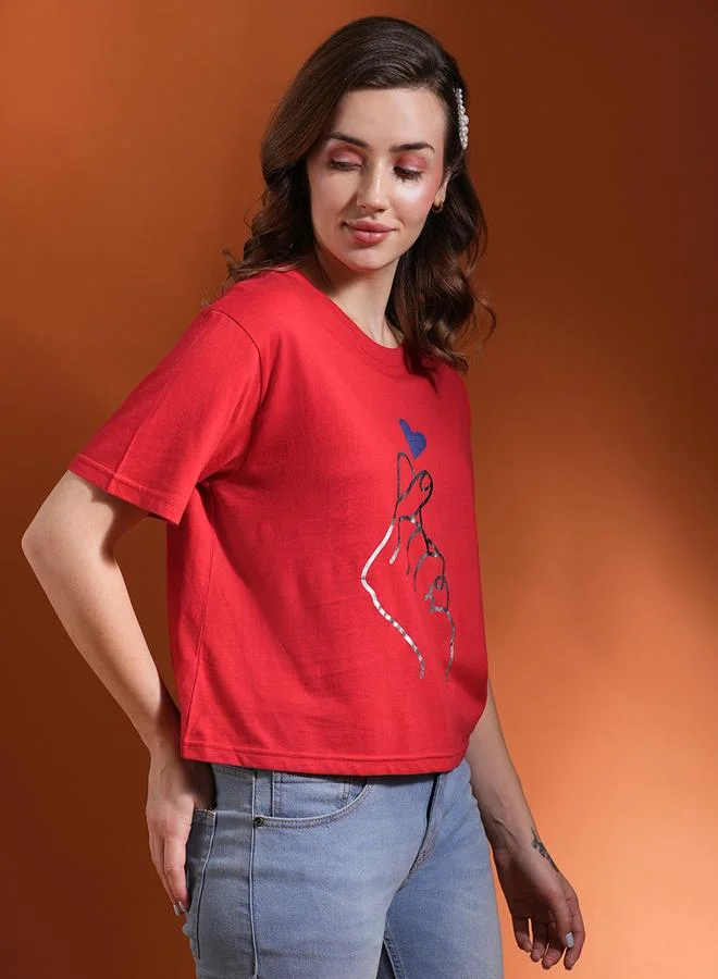 globus Red Graphic Printed Oversized Crop T-Shirt