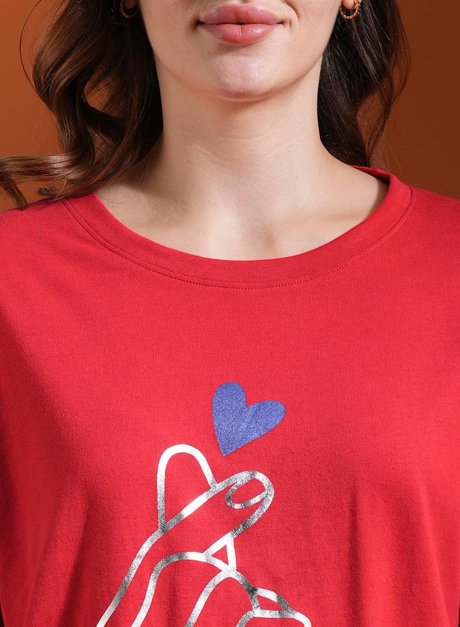 globus Red Graphic Printed Oversized Crop T-Shirt - Image 4
