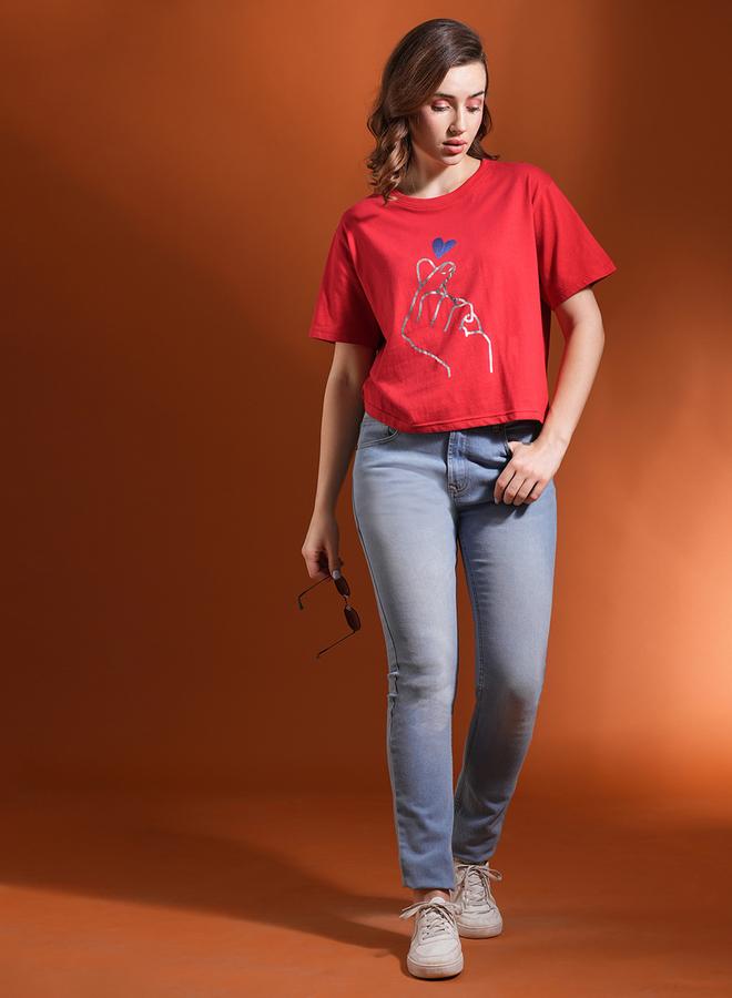 globus Red Graphic Printed Oversized Crop T-Shirt - Image 5