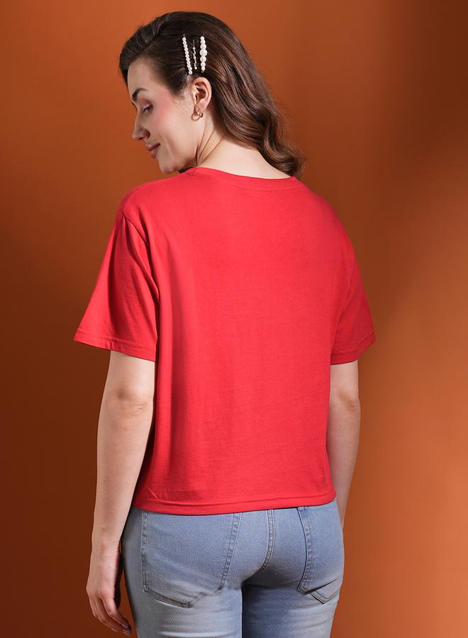 globus Red Graphic Printed Oversized Crop T-Shirt - Image 3