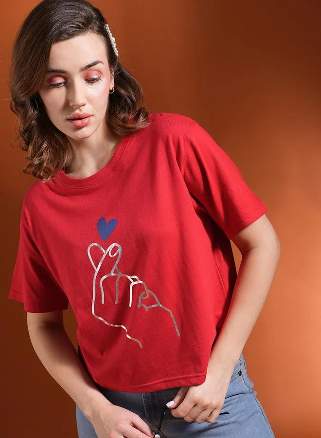 globus Red Graphic Printed Oversized Crop T-Shirt