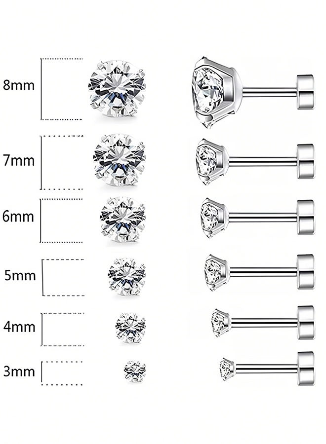 Happy D Stud Earrings 6 Pairs Hoop Earrings Set Women Girls, Stainless Steel Piercing Jewelry 6 Size AAA Zircon With Round Cake Ear Stud Earrings 4-Claw Grab Zircon Ear Bone Stud (White Gold) - Image 2