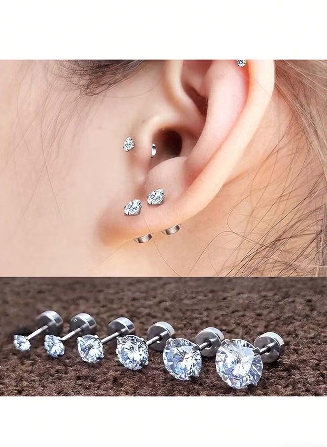 Happy D Stud Earrings 6 Pairs Hoop Earrings Set Women Girls, Stainless Steel Piercing Jewelry 6 Size AAA Zircon With Round Cake Ear Stud Earrings 4-Claw Grab Zircon Ear Bone Stud (White Gold) - Image 3