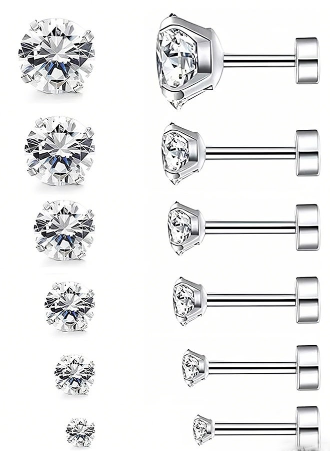 Happy D Stud Earrings 6 Pairs Hoop Earrings Set Women Girls, Stainless Steel Piercing Jewelry 6 Size AAA Zircon With Round Cake Ear Stud Earrings 4-Claw Grab Zircon Ear Bone Stud (White Gold) - Image 1