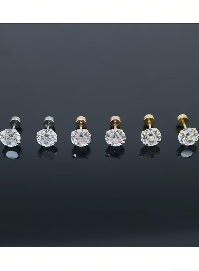 Happy D Stud Earrings 6 Pairs Hoop Earrings Set Women Girls, Stainless Steel Piercing Jewelry 6 Size AAA Zircon With Round Cake Ear Stud Earrings 4-Claw Grab Zircon Ear Bone Stud (White Gold) - Image 5