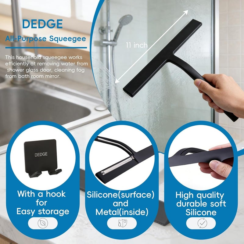 DEDGE Shower Squeegee Window Glass Wiper Scraper Cleaner with Silicone Blade for Bathroom/Kitchen/Car Glass/Mirror/Door 11-Inch (with Hook) - Image 2
