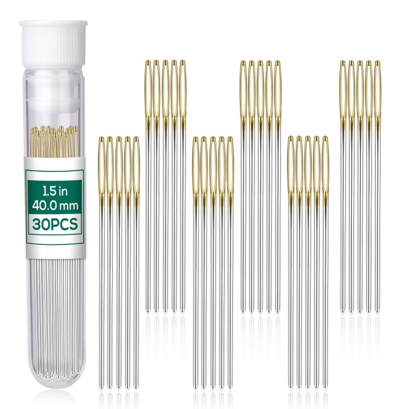 Fteven 30PCS Cross Stitch Needles, Size 22 Stainless Steel Embroidery Needles, Large Eye Hand Sewing Needles Blunt Golden Color with Box for Hand Sewing, Cross Stitching - Image 1