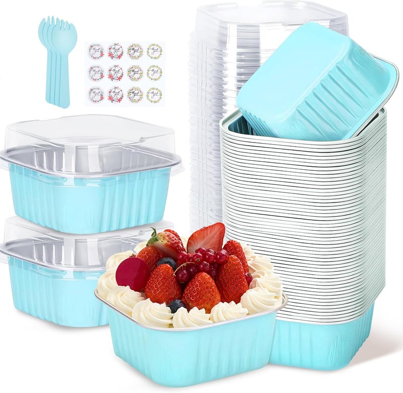 ylnurac 30Pack 5oz Blue Mini Cake Pans with Lids and Spoons Baking Cups Aluminum Foil Pans Tins, Individual Dessert Cups Containers for Sales,Party,Picnics - Image 1