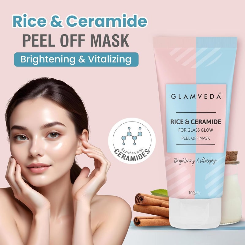 Glamveda Rice Ceramide Peel off Mask Reduces signs of ageing For dry dull skin Brightens Even Tones Complexion 100gm - Image 2