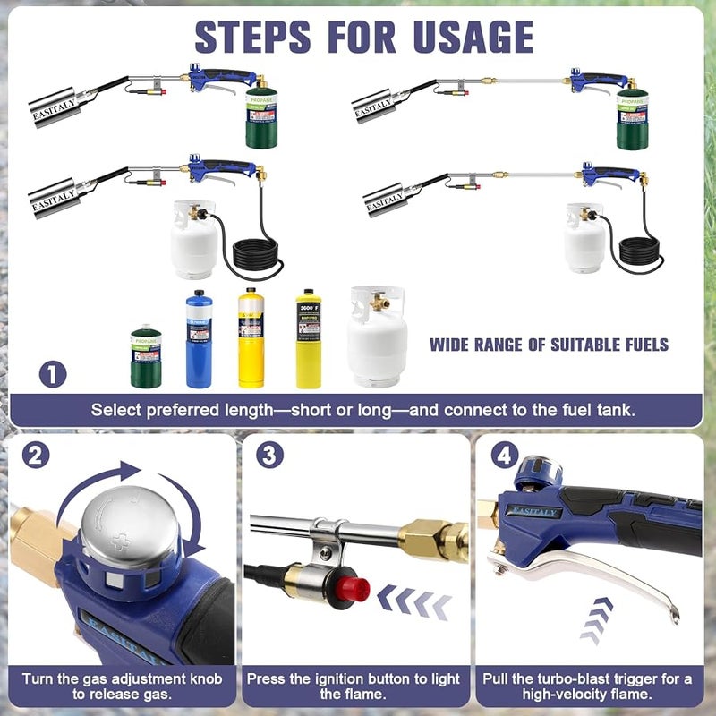 EASITALY Propane Torch Weed Burner Kit,High Output with 12.5FT Hose,Heavy Duty Blow Torch Flamethrower with Long/Short Mode for Flame Weeding,Roofing,Ice Melting,Road Marking,BBQ - Image 5