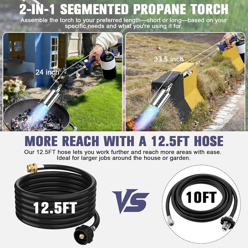 EASITALY Propane Torch Weed Burner Kit,High Output with 12.5FT Hose,Heavy Duty Blow Torch Flamethrower with Long/Short Mode for Flame Weeding,Roofing,Ice Melting,Road Marking,BBQ - Image 4