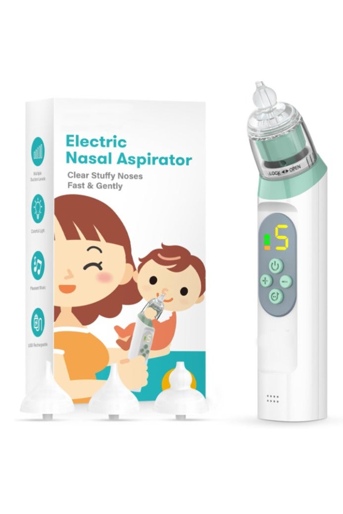 Electric Nasal Aspirator for Baby, Nose Aspirator for Toddlers, Waterproof Baby Nose Sucker, Nose Cleaner with 3 Silicone Tips, Adjustable Suction Level, Music and Light Soothing Function,Green