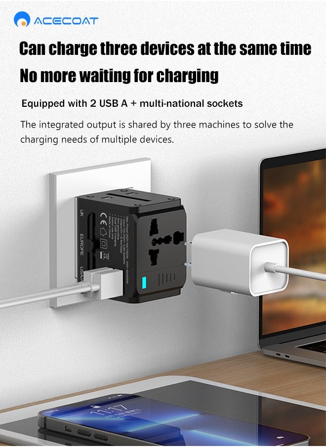 ACECOAT - Worldwide Universal Travel Adapter Plug Converter Charger Outlet with 2.4A Dual USB-A,1500W Multifunctional International Power Adapter Wall Charger with Child Safety Door,Global AC Outlet,Black - Image 1