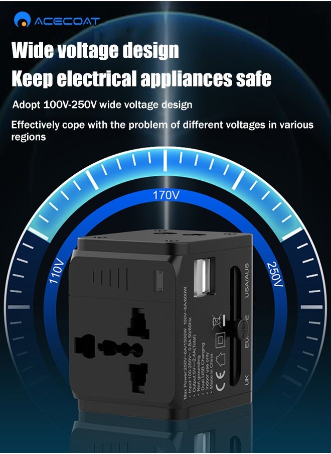 ACECOAT - Worldwide Universal Travel Adapter Plug Converter Charger Outlet with 2.4A Dual USB-A,1500W Multifunctional International Power Adapter Wall Charger with Child Safety Door,Global AC Outlet,Black - Image 1