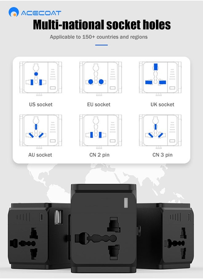 ACECOAT - Worldwide Universal Travel Adapter Plug Converter Charger Outlet with 2.4A Dual USB-A,1500W Multifunctional International Power Adapter Wall Charger with Child Safety Door,Global AC Outlet,Black - Image 1