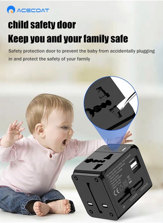 ACECOAT - Worldwide Universal Travel Adapter Plug Converter Charger Outlet with 2.4A Dual USB-A,1500W Multifunctional International Power Adapter Wall Charger with Child Safety Door,Global AC Outlet,Black - Image 1