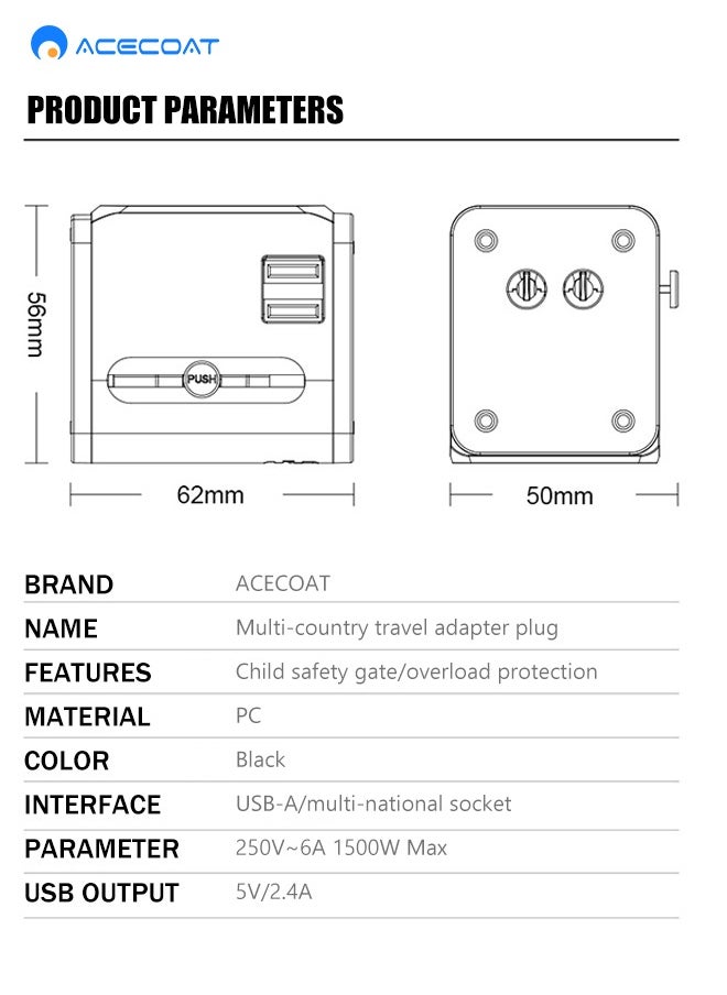 ACECOAT - Worldwide Universal Travel Adapter Plug Converter Charger Outlet with 2.4A Dual USB-A,1500W Multifunctional International Power Adapter Wall Charger with Child Safety Door,Global AC Outlet,Black - Image 1