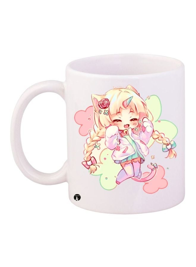 RYN Anime Girl Printed Coffee Mug White/Yellow/Beige 11ounce