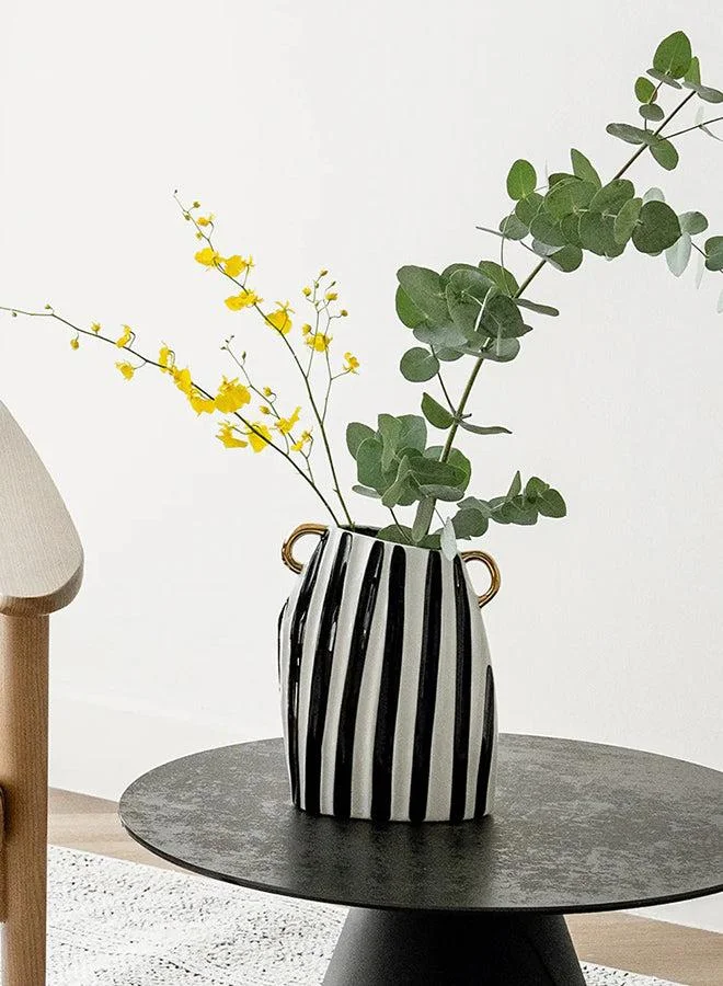 KNOT HOME Yara Arneson Asymmetric Gold-Handled Striped Vase Knot Home Designer Accessory for Bedroom Living Dining Room Office Area Décor